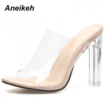 New PVC Jelly Sandals Crystal Open Toed Sexy Thin Heels Crystal Women Transparent Heel Sandals Slippers Pumps Apricot Black
